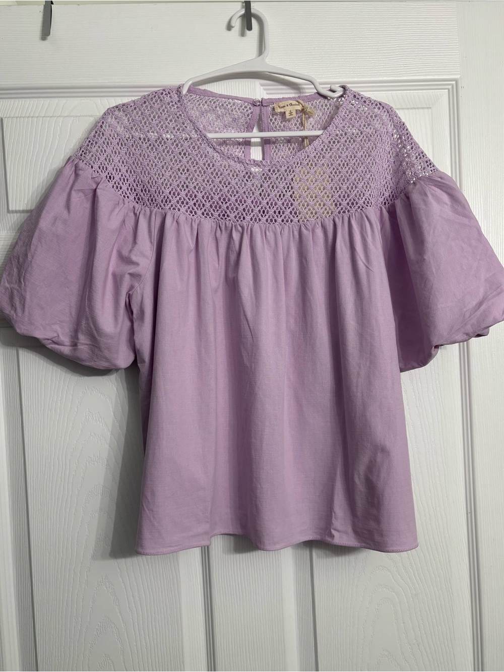 Hem & Thread Lavender Crochet Yoke Puff Sleeve Top